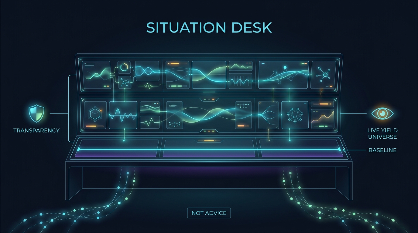 Infographic: Situation Desk — live yield universe, transparency, not advice