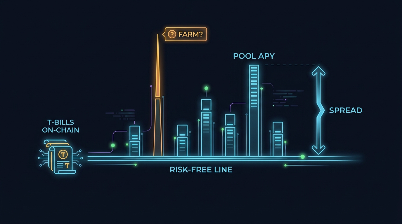 Infographic: pool APY minus risk-free line equals spread; farm spike flagged