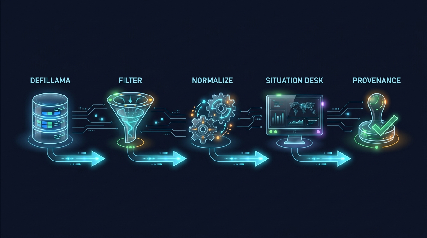 Infographic pipeline: DefiLlama to filter to normalize to Situation Desk to provenance
